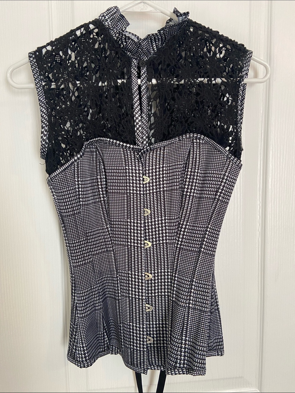 Black & White Plaid Corset Story Top with Lace